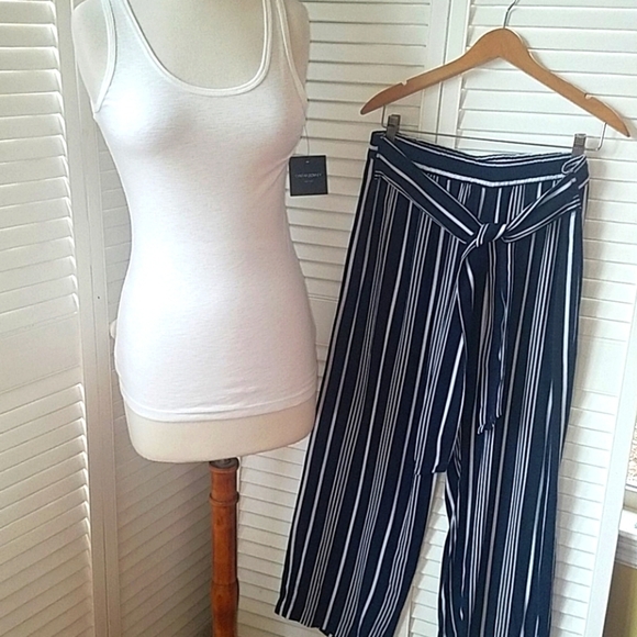 NWT CYNTHIA ROWLEY NAVY/WHITE STRIPED PIMA COTTON PANTS W/ELASTIC BANDIN… - Picture 2 of 7